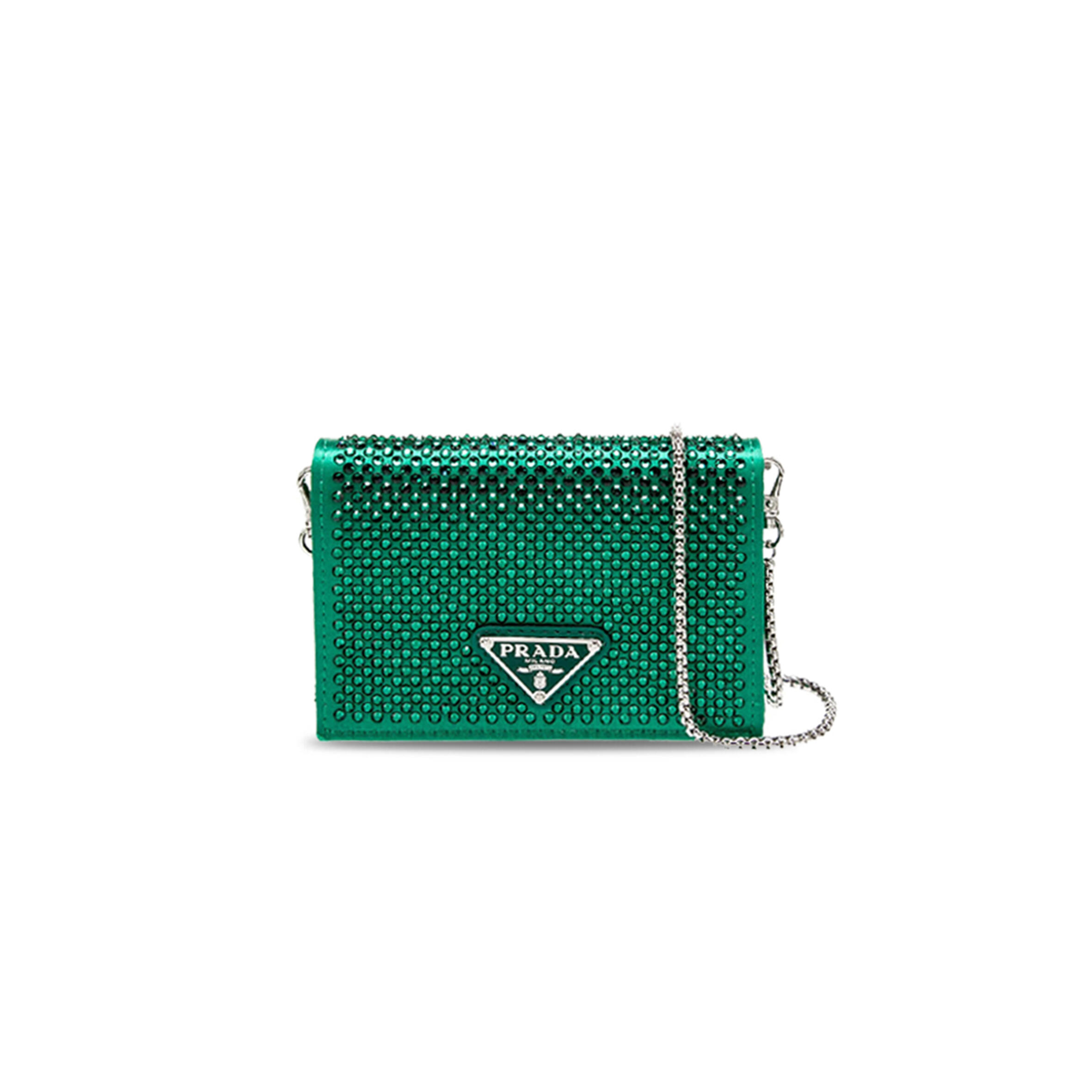 PRADA CRYSTAL BOLO WALLET ON CHAIN GREEN MINI BAG 1MR024 (11.5*8cm)